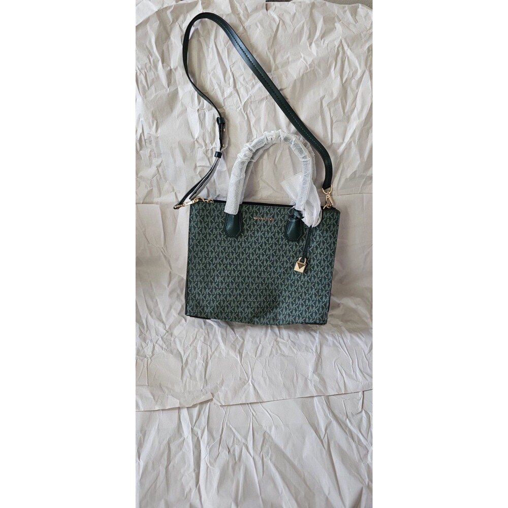 Michael Kors Large Mercer Logo Tote Bag Dark Green Gold Zip Inner Pockets